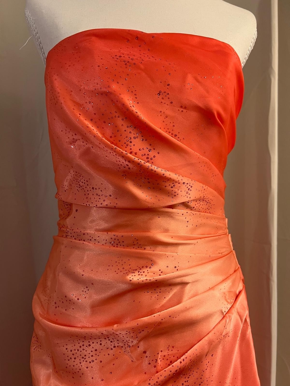 Jump Coral Orange Strapless Satin Ruched Evening Dress with Sparkle